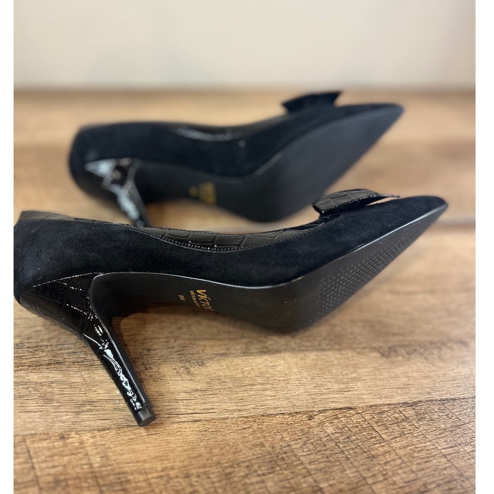 VICTOR ALFARO Black Suede Patent Bow Stiletto Heels Women's Size 8M - Picture 4 of 6